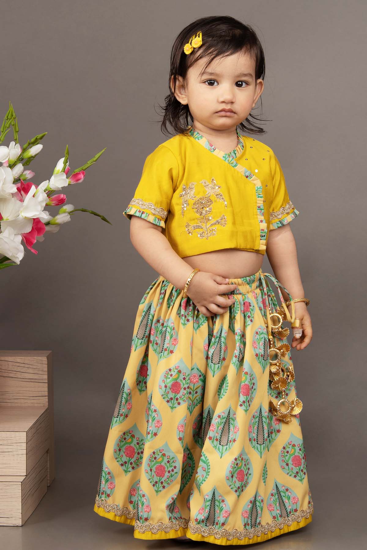 Little Brats Sunshine Celebration: Mustard Embroidered Lehenga kidswear at scrollnshops